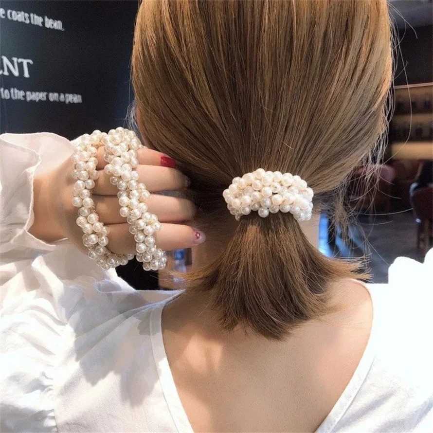Woman Elegant Pearl Hair Ties  - Silicone Band Women のレビューと価格